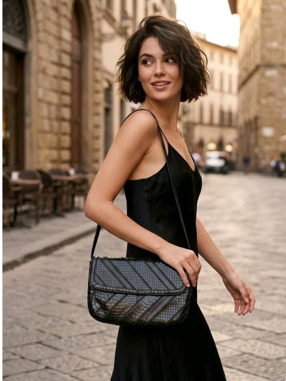 Vintage 70s Bags by Varon Black Snakeskin Patchwork Envelope Shoulder Bag 10x7